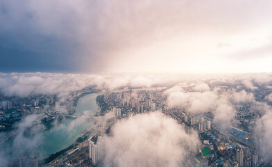 aerial view of the clouds and city