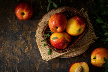 Beautiful juicy nectarines. Ripe farm harvest. Fragrant fruits. Fresh Juicy Organic Nectarines