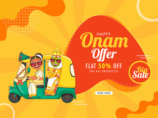 Flat 50% Off for Happy Onam Big Sale Poster Design with Kathakali Dancer and Woman Driving Auto for Advertising Concept.