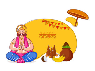 Illustration of Happiness King Mahabali Doing Namaste in Sitting Pose with Thrikkakara Appan Idol, Fruits and Worship Pot (Kalash) on Yellow and White Background for Happy Onam.