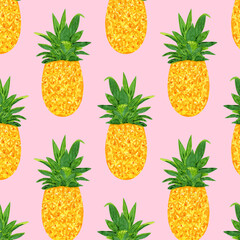 Seamless pattern with watercolor pineapples on a pink background, summer print with tropical fruits.