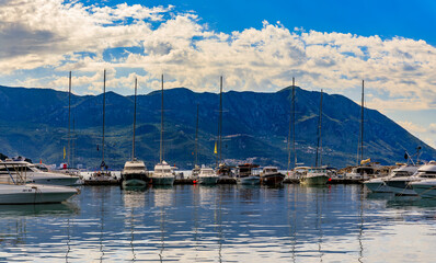 Boats in the port and marina by the Old town in Budva Montenegro on the Adriatic Sea