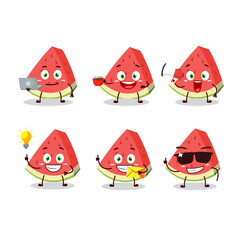 Slash of watermelon cartoon character with various types of business emoticons