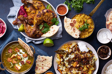 Indian cuisine dinner: tandoori chicken, biryani