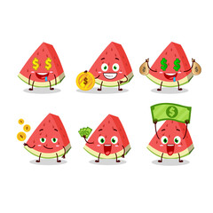 Slash of watermelon cartoon character with cute emoticon bring money