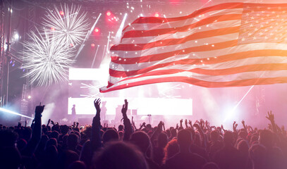 United States flag - crowd celebrating 4th of July Independence Day.