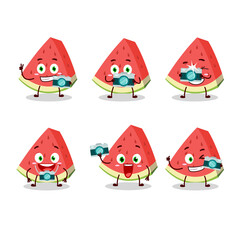 Fototapeta premium Photographer profession emoticon with slash of watermelon cartoon character
