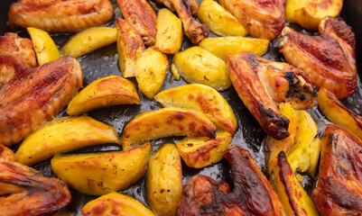 Baked chicken and potatoes in the oven as a background.
