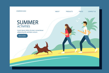 Woman and man running with the dog on the beach. Summer vector illustration in flat style. Design for your purposes with space for text.