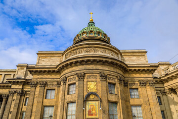 Exterior of Kazan Cathedral Nevsky Prospekt with an icon on the wall outside in Saint Petersburg...