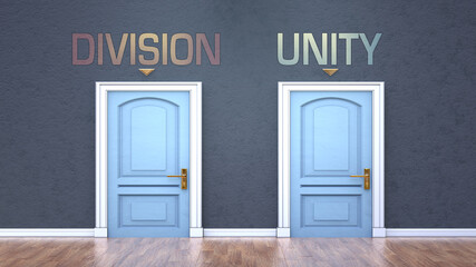 Division and unity as a choice - pictured as words Division, unity on doors to show that Division and unity are opposite options while making decision, 3d illustration