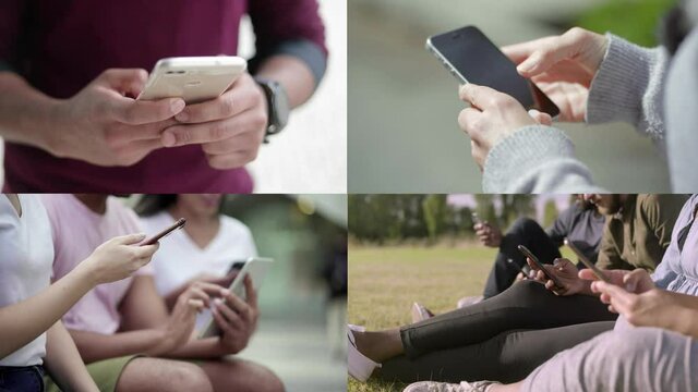 Collage of people using mobile phone and working. Unrecognizable people typing, standing, browsing. Multiscreen montage, split screen collage. Digital technology and communication concept