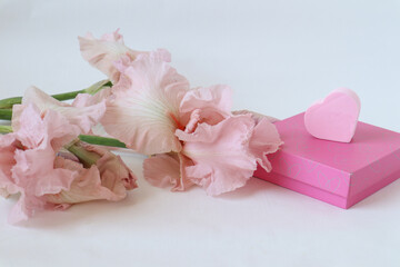  Gift box with a delicate pink heart and a bouquet of irises on a white background, close-up, place for the inscription