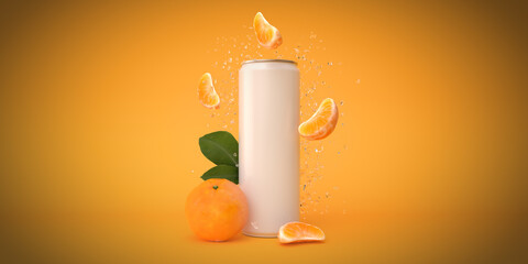 Orange can soda with flying mandarin mockup 3d render
