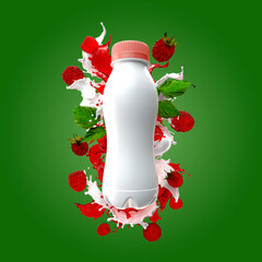 Yogurt bottle with milk splash and raspberry mockup 3d render