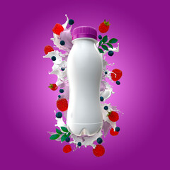 Yogurt bottle with milk splash raspberry and blueberries mockup 3d render