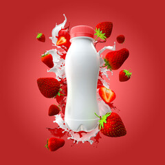 Yogurt bottle mockup with milk splash and strawberry 3d render