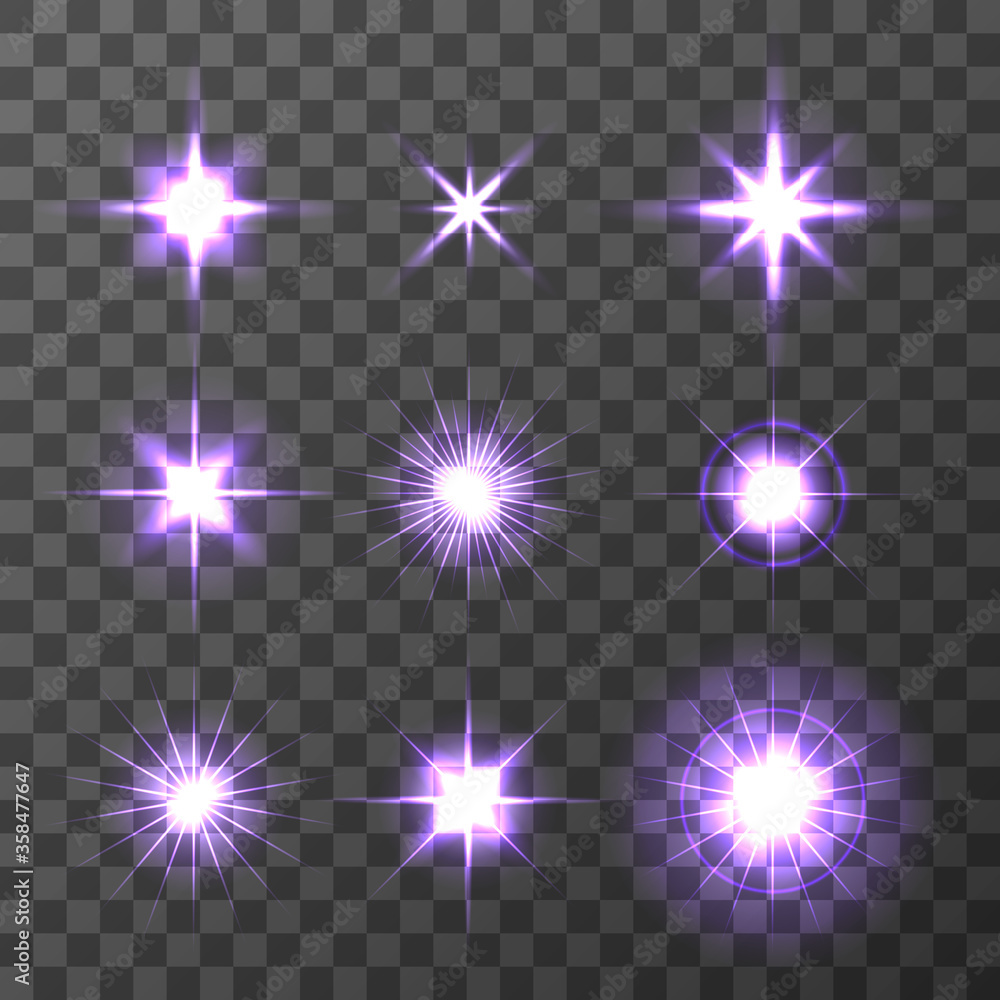 Poster set of vector glowing light effect stars bursts with sparkles on transparent background. transparent