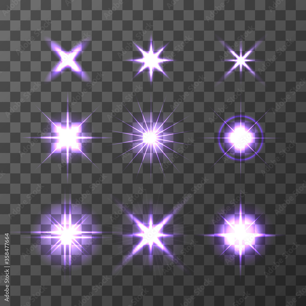 Poster set of vector glowing light effect stars bursts with sparkles on transparent background. transparent