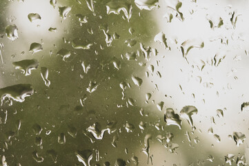 glass with raindrops close-up of a green hue, selective focus