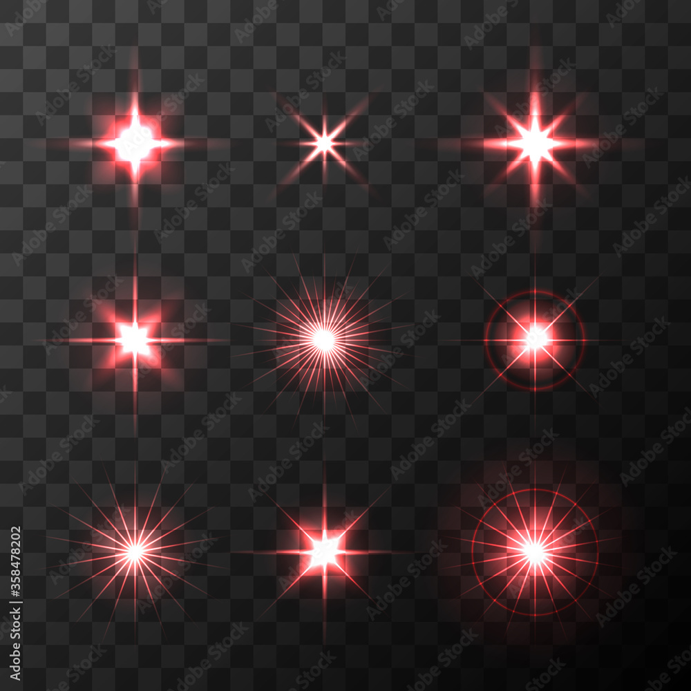 Poster set of vector glowing light effect red stars bursts with sparkles on transparent background. transpa