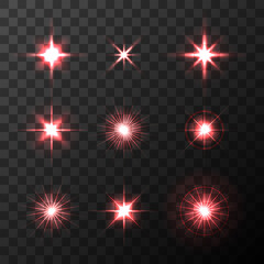 Set of Vector glowing light effect red stars bursts with sparkles on transparent background. Transparent red stars.
