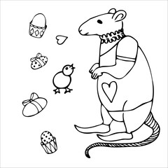 
image of a rat. black-white drawing on an isolated background. Design emblem or logo.