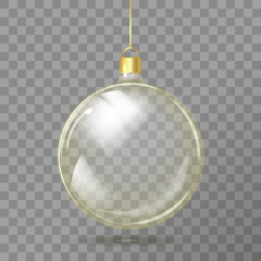 Fototapeta na wymiar Template of glass transparent Christmas ball. Stocking element christmas decorations. Transparent vector object for design, mock-up. Shiny toy with golden glow. Isolated object. Vector illustration