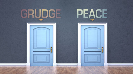 Grudge and peace as a choice - pictured as words Grudge, peace on doors to show that Grudge and peace are opposite options while making decision, 3d illustration