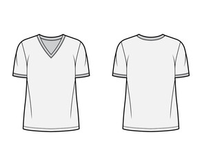 T-shirt technical fashion illustration with V neck, fitted oversized body short sleeves, flat.