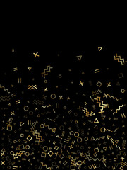 Memphis style geometric confetti vector background of triangle circle square shapes, chevron wavy lines.