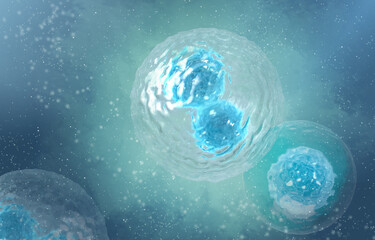 Medical abstract background, microscopic cells in the process of division float in plasma, blue palette, 3D rendering
