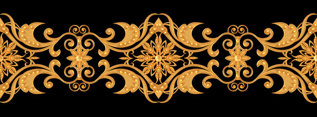 Seamless pattern. Golden textured curls. Oriental style arabesques. Brilliant lace, stylized flowers. Openwork weaving delicate, golden background, 3D rendering.