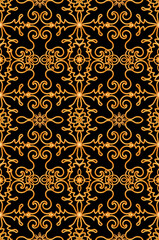 Fototapeta premium Seamless pattern. Golden textured curls. Oriental style arabesques. Brilliant lace, stylized flowers. Openwork weaving delicate, golden background, 3D rendering.