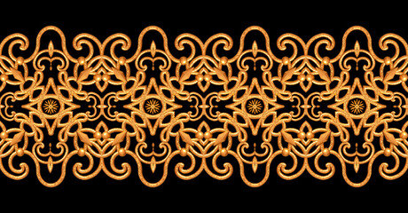 Seamless pattern. Golden textured curls. Oriental style arabesques. Brilliant lace, stylized flowers. Openwork weaving delicate, golden background, 3D rendering.