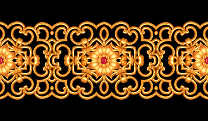 Seamless pattern. Golden textured curls. Oriental style arabesques. Brilliant lace, stylized flowers. Openwork weaving delicate, golden background, 3D rendering.