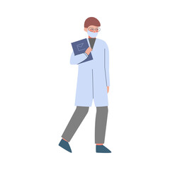 Scientist or Doctor Character, Man in White Coat and Medical Face Mask Walking with Clipboard Flat Style Vector Illustration