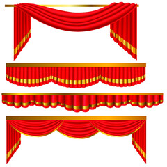 red curtains set isolated on white background with gold border realistic 3D vector illustration