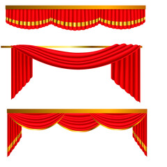 red curtains set isolated on white background with gold border realistic 3D vector illustration