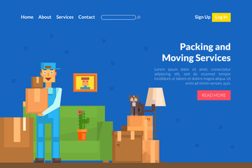 Packing and Moving Services Landing Page Template, Relocation, Delivery and Move Website, Mobile App, Homepage Vector Illustration