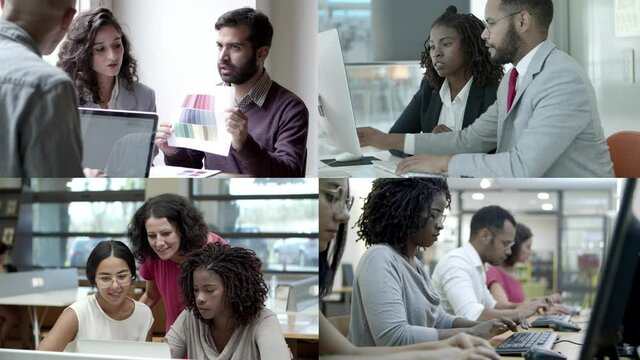 Collage of people working with computer. Concentrated businesspeople discussing, showing, talking. Multiscreen montage, split screen collage. Digital technology and startup projects concept