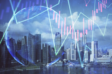 Forex chart on cityscape with skyscrapers wallpaper multi exposure. Financial research concept.