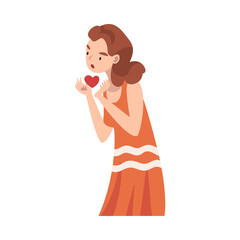 Girl hopes and holds a heart in her hands. Vector illustration.