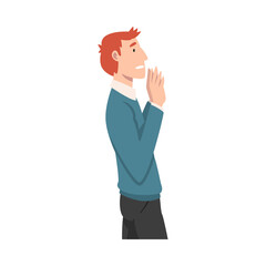 Young man with red hair refuses something. Vector illustration.