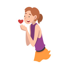 Young girl hopes and holds a heart in her hands. Vector illustration.