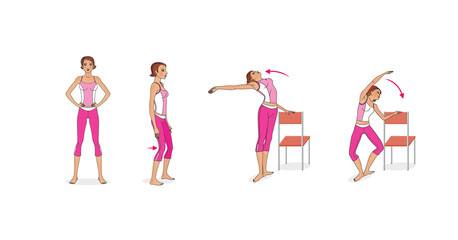 Girl is training at home. Stretching the muscles of the legs and spine. Exercises and gymnastics. Isolated on a white background