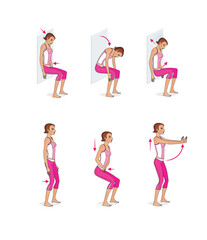 Girl is training at home. Stretching the muscles of the hands, legs and spine. Exercises and gymnastics. Isolated on a white background
