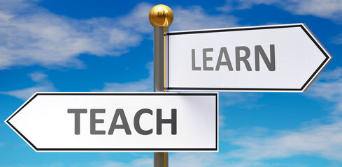 Teach and learn as different choices in life - pictured as words Teach, learn on road signs pointing at opposite ways to show that these are alternative options., 3d illustration