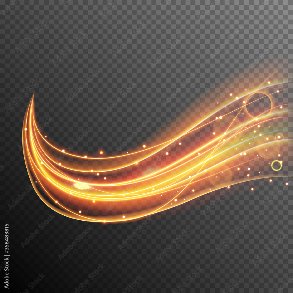 Poster vector shine transparent light effect with curve trail and golden sparkles. glowing path on transpar