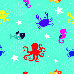 seamless pattern cute sea world animal with light blue background
